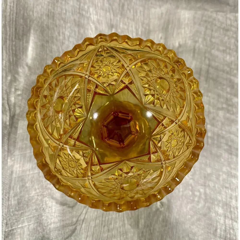 Vintage Kemple Amber Glass Pedestal Candy Dish w/ Glass Inclusion‎ on base